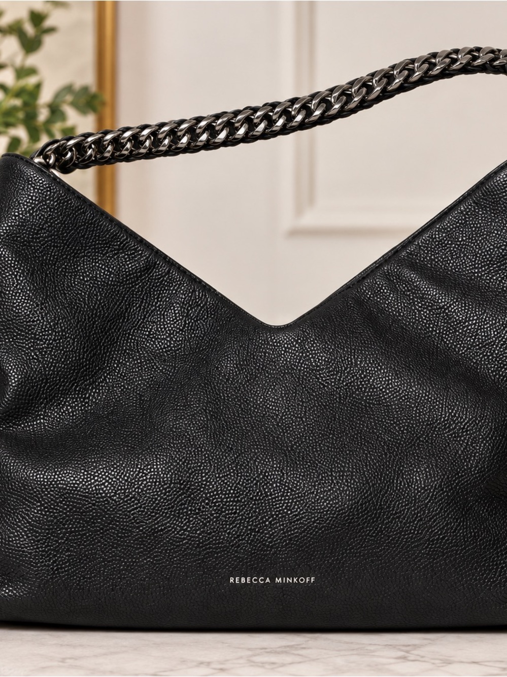 Rebecca Minkoff Black Pebbled Leather Hobo Bag Silver Chain Braided Handle